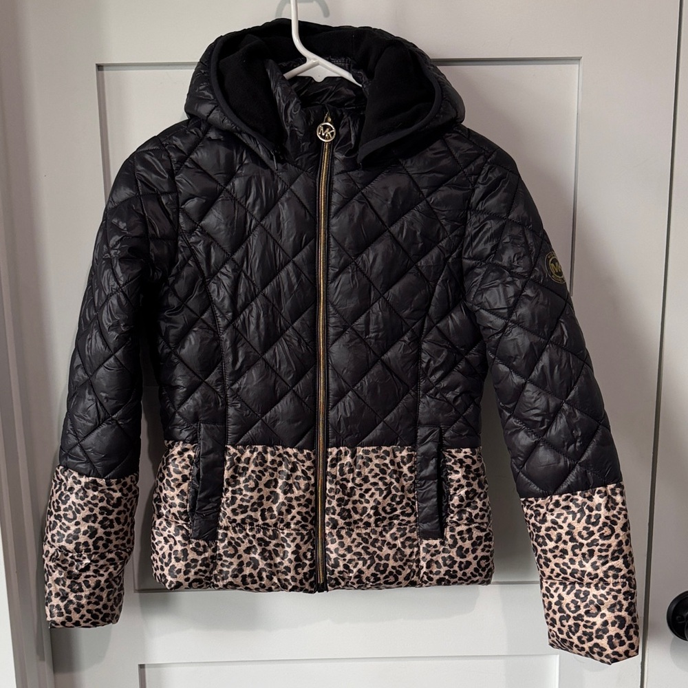 Michael Kors Black and Leopard Print Puffer Jacket Kid’s Medium